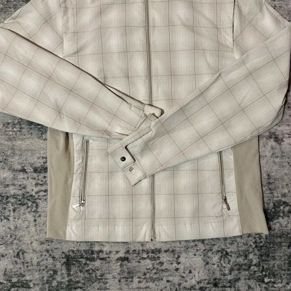 Vintage Nike Golf Fit Dry Women Windbreaker Jacket Full Zip Mock -Beige Plaid, L